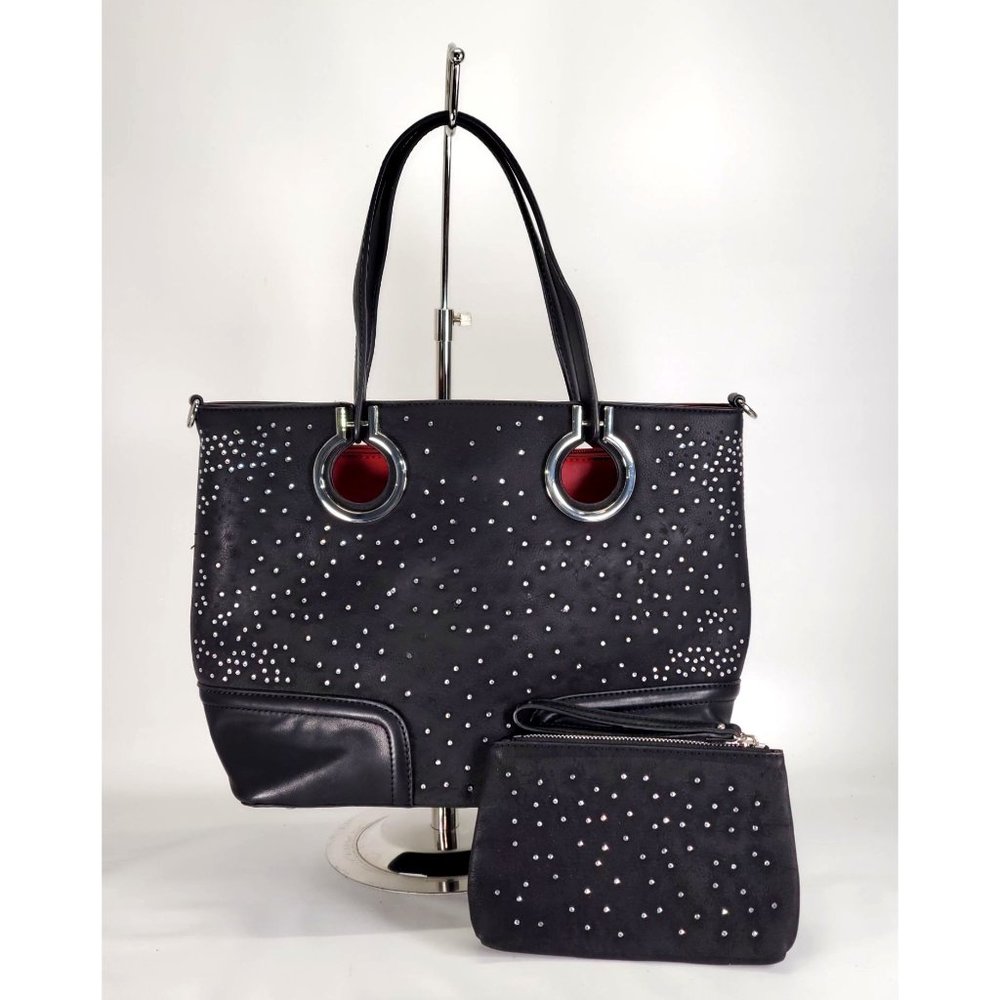 Sharif Women's Black Leather Rhinestone Shoulder Bag & Small Purse Sz Large 1510